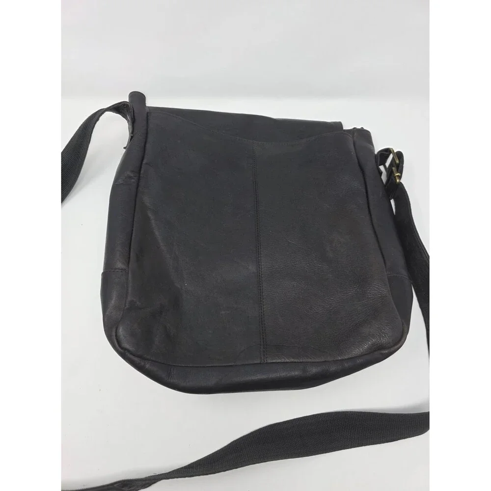 Black Genuine Leather Messenger Bag Crossbody Hair-On-Hide Interior Flap